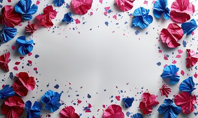 Wall Mural - usa national holiday banner design red white, blue paper fans, confetti on white table flat lay top view happy american independence day labor day columbus day concept.stock image