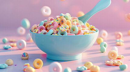 Canvas Print - Pastel creative food concept of delicious breakfast or snack, delicious cereal in milk. Cereals for a healthy and tasty start to the day. 