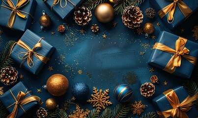 christmas vertical banner design poster mockup xmas party invitation template luxury gold christmas balls stars decorations glistering gift boxes on dark blue background flat lay top view.image