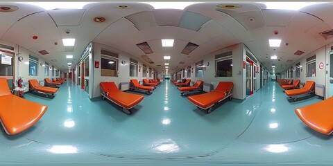 Poster - An immersive 360-degree equirectangular panorama of a hospital psychiatric ward, with patients receiving mental health treatment and support