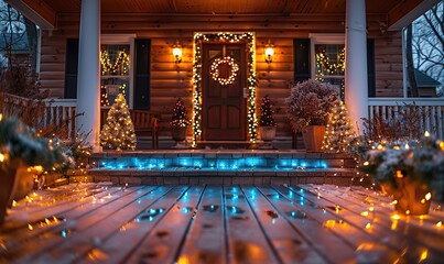 illuminated, decorated porch of american house winter holiday new year christmas concept.illustration