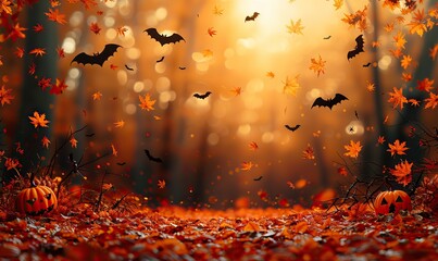 Wall Mural - happy halloween concept scary bats silhouettes pumpkins spiders fallen leaves on orange background.illustration