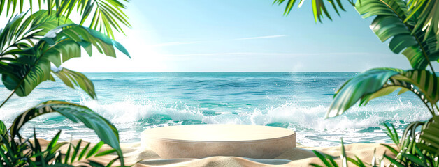 Wall Mural - 3D rendering podium background beach and tropical for advertising