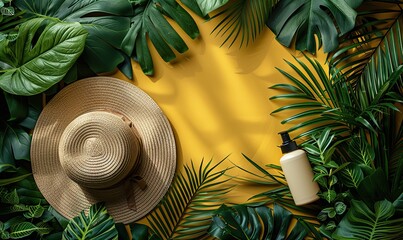 Wall Mural - top view suntan cream bottle beach bag female hat, tropical leaves on yellow background sun protection on summer vacation concept.image