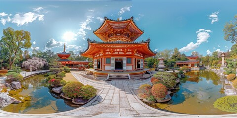 Sticker - An immersive 360-degree panorama of the enchanting temples of Kyoto, Japan, with ornate pagodas, tranquil gardens, and cherry