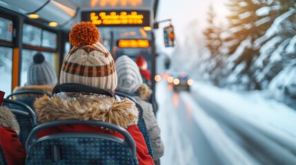 Wall Mural - Bus ride Illustrate passengers wearing masks while riding on a bus, with seats marked for social distancing, showcasing the safety