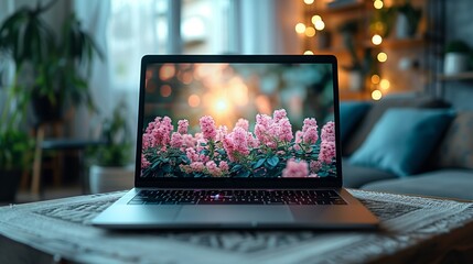 Poster - laptop displaying pink flowers in a garden setting during sunset