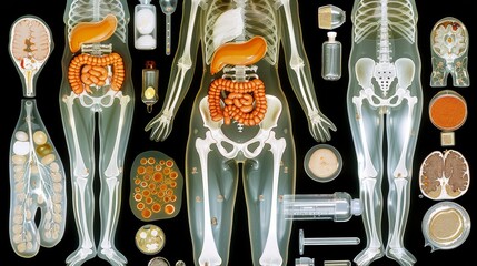 Poster - Comprehensive x-ray view of the digestive system, highlighting the stomach, intestines, and associated organs, showing the process of digestion and