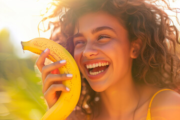 Wall Mural - Joyful woman holding a banana and smiling brightly, captured in a sunny outdoor setting with warm, natural light.