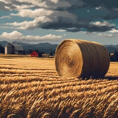 Canvas Print - AI-generated illustration of a hay bale in a golden wheat field