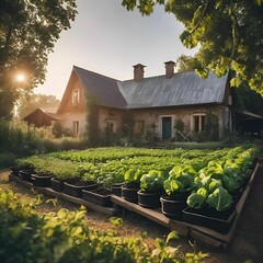 Canvas Print - AI-generated illustration of a countryside house with a lush vegetable garden at sunrise.