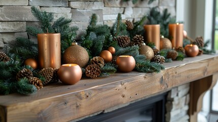 Poster - Create a modern holiday mantel display with minimalist garlands, metallic candle holders, and a statement-making piece of artwork.