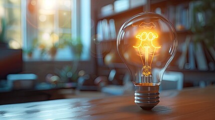 Wall Mural - a glowing light bulb placed on a wooden surface with a blurred background, symbolizing ideas, creati