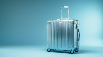 A sleek silver suitcase standing upright against a light blue background, representing travel, luggage, and journey