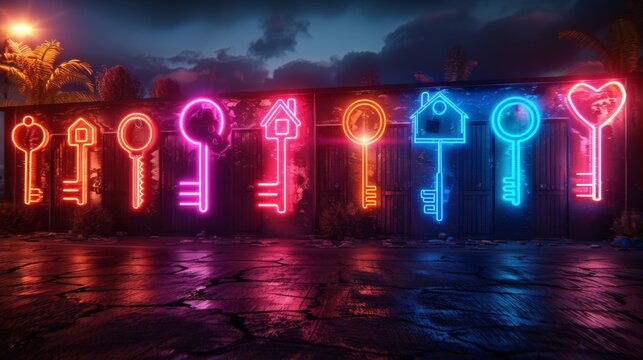 Create a series of neon real estate symbols, including shimmering