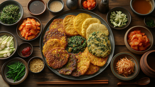 A cozy dining table set with an assortment of delicious Korean pancakes (buchimgae). The table is adorned with various types of buchimgae, including kimchi, seafood, and vegetable versions,