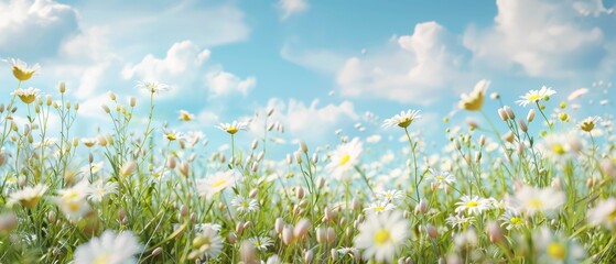 Wall Mural - natural colorful panoramic landscape with many wild flowers of daisies against blue sky a beautiful 
