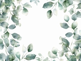 Wall Mural - delicate watercolor eucalyptus leaves forming elegant frame soft green hues on white background perfect for wedding stationery