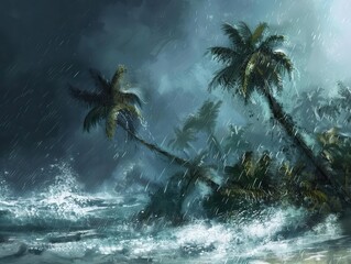 Wall Mural - dramatic illustration of hurricane hitting tropical island powerful wind torrential rain palm trees bending waves crashing dark ominous sky dynamic composition conveying natures fury