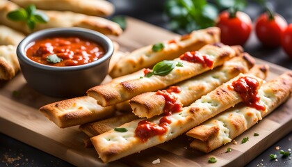 Wall Mural - Homemade Cheesy Breadsticks with Marinara Sauce for Dipping
