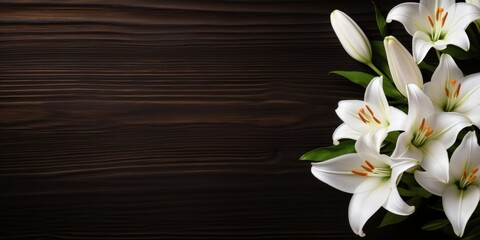 Wall Mural - White Lilies on a Dark Wooden Background