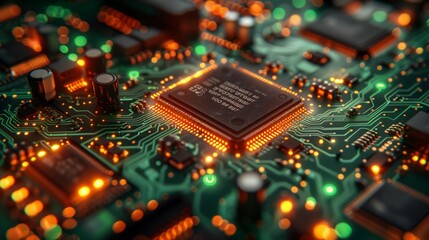 Fototapete - A close-up image of a microchip illuminated with orange light on a green circuit board.