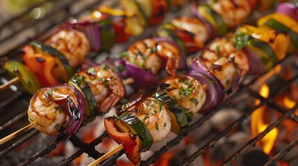 Wall Mural - A colorful array of grilled vegetables and skewered shrimp sizzle on the BBQ filling the air with mouthwatering aromas.