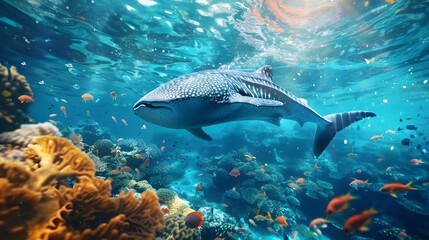 Underwater animal swimming in deep blue sea tropical reef beauty.