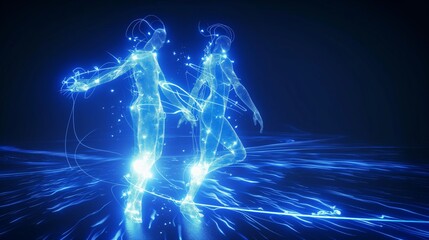 Wall Mural - Two glowing, blue digital figures appear to dance, surrounded by dynamic light trails and particles.