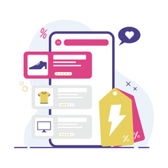E-Commerce flat design illustration Mobile shopping app, modern online technology, customer service icons. Rating product and shop, Vector isolated white background.