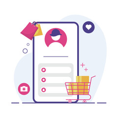 E-Commerce flat design illustration Mobile shopping app, modern online technology, customer service icons. Rating product and shop, Vector isolated white background.