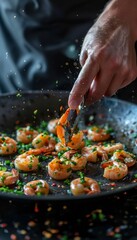 Wall Mural - Chef cooking shrimps with green beans in eastern kitchen for healthy seafood on dark background