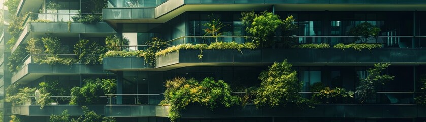 Wall Mural - Eco-friendly building. Sustainable office building with garden on balconies for reducing carbon dioxide. Office building with green environment. Corporate building reduce CO2. Net zero building.