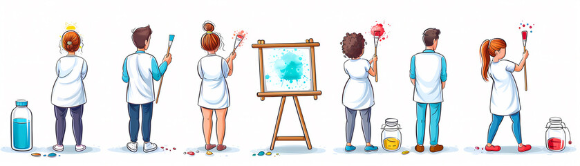 Group of people painting on white background.