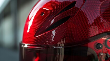 A closeup of a bright red helmet with intricate mesh detailing on the front emphasizing both style and ventilation.