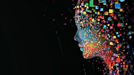 Wall Mural - Abstract Conceptual Image of Thousands of Multi-Coloured Squares Forming a Head Profile with Motion Blur Effects Illustrating Artificial Intelligence and Connection