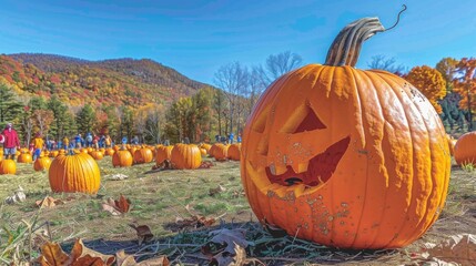 Sticker - Illustrate a scene of families visiting a pumpkin patch on a crisp autumn day, with rows of pumpkins in various