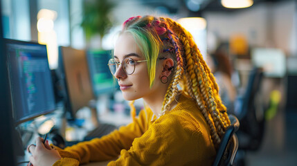 Stylish girl programmer with dreadlocks and piercings