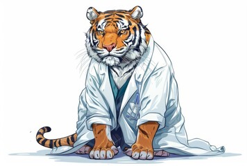 A tiger in a lab coat conducts experiments on the sidewalk while waiting for a bus in Berlin. The tiger's curious expression adds to the whimsical scene.