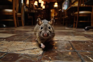 Close-up of a rat on the floor of a dimly lit restaurant, highlighting the creature in a typical indoor environment, creating a sense of urban life.