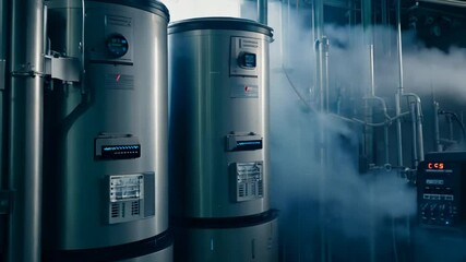 Poster - industrial water heaters in a steam-filled room generative ai