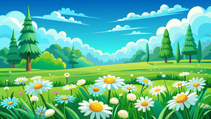 Wall Mural - Green summer scene with white flowers.