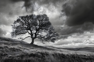 Professional monochrome photo of lonely tree on hill with bushes, grass and clouds. Graphic black and white poster of meadow landscape. Photo shot for interior painting.