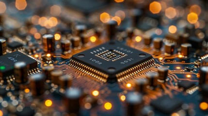Poster - A close-up image of a microchip on a circuit board, with glowing lights in the background.