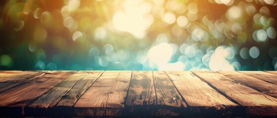Vintage style for product display and advertising and promotional purposes creative banner empty top of wooden table with abstract of bokeh and natural light