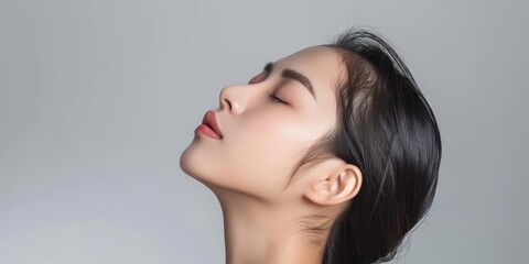 Wall Mural - Beautiful Asian woman with perfect skin, portrait of beautiful young model posing on gray background with closed eyes and open mouth in profile, skin care concept, close up side view