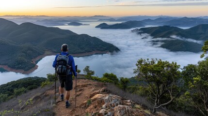 A hiker stands on a rocky cliff overlooking a beautiful blue lake surrounded by forested hills