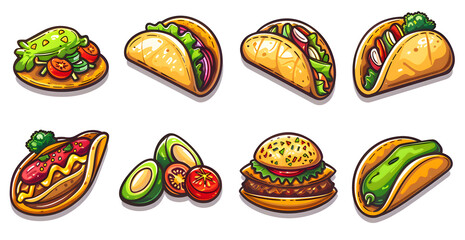 Wall Mural - A collection of food items including a hamburger, a taco, and a hot dog