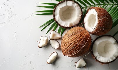 coconut, palm leaf on white background flat lay top view summer background, natural organic food.illustration