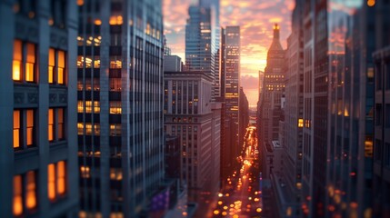 Poster - A high-angle view of a city street lined with tall buildings at sunset. The street is filled with cars and the buildings are lit up with warm, orange light.